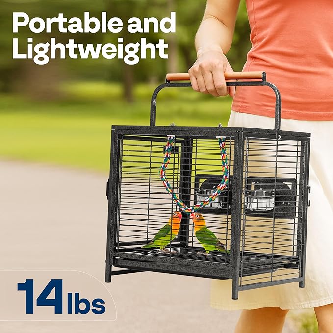 VIVOHOME 19 Inch Wrought Iron Bird Travel Carrier Cage for Parrots Conures Lovebird Cockatiel Parakeets Black