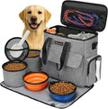 Modoker Dog Travel Bag, Weekend Pet Travel Set for Dog and Cat, Airline Approved Tote Organizer with Multi-Function Pockets, 2 Food Storage Containers, 2 Collapsible Bowls, 1 Feeding Mat (Grey)