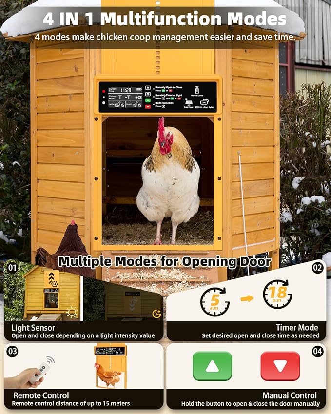 2025 Upgrade 7W Solar Power Chicken Door, Pet Deluxe Automatic Chicken Coop Door with 10PCS Wire Clip, Timer, Light Sensor, LCD Display & Anti-Pinch Durable Aluminum Auto Coop Door with 4 Modes-Gold