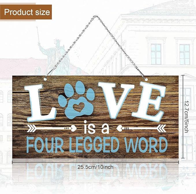 Dog Wall Decor Room Love Is a Four Legged Word Pet Paw Sign Dog Vintage Metal Hanging Decorative Signs Plaque Wall Decorative for Christmas Pet Lover Gifts Thanksgiving(10 x 5 Inch)