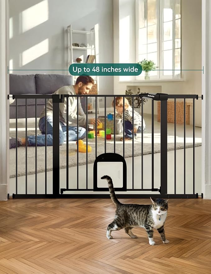 Babelio 36.5-57" Extra Wide Baby Gate with Cat Door, CatPrivilege Ⅲ, Auto Close & Two Way Swing, Pressure Mounted Dog Gates for Stairs, Doorways, Includes 4 Wall Cups and 3 Extension Pieces, Black