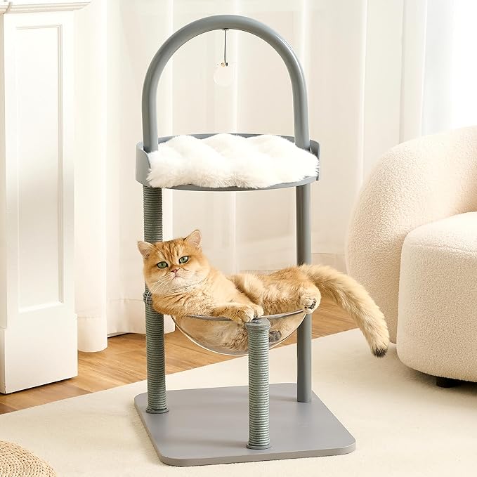 Modern Cat Tree Tower for Indoor Cats up to 12lbs, 34" H Furniture-Style Metal Cat Tower with Scratching Posts, Wood Cat Bed with Soft Plush Cushion Washable, Acrylic Capsule, Dove Gray