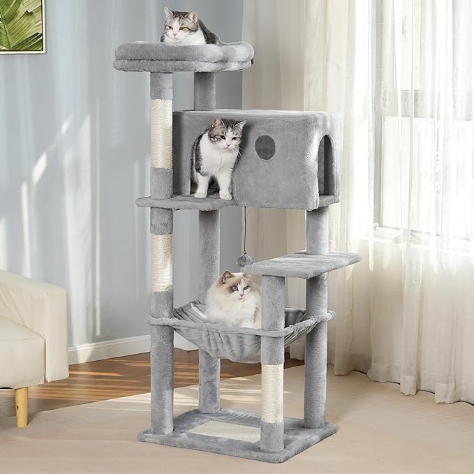 54" Cat Tree with Big Hammock 21x17” XL Cat Tower with Scratching Posts Featuring Large Top Bed, Scratcher Pad, Spacious Condo House and Detectable Ball for Indoor Cats-Large Gray