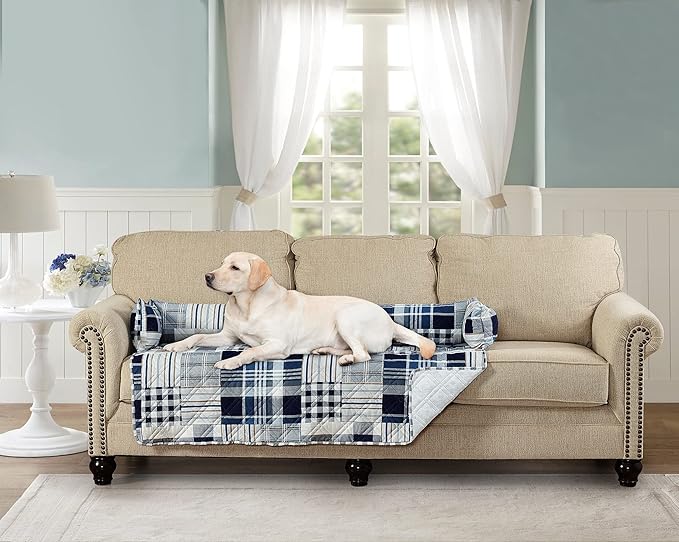 Brilliant Sunshine Quilted Calming Dog Bed Mat, Removable Washable Cover, Cushion Protector and Couch Covers for Dogs, Pets, Cats, Extra Large, Blue Plaids and Stripes Patchwork