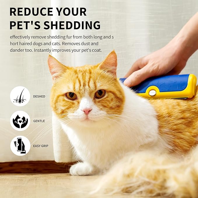 Dog Deshedding Brush & Shedding Blade, Everyday Undercoat Grooming Tool for Short & Medium Fur and Double Coats, Replaceable Metal Blade, Ergonomic Handle, Blue & Yellow