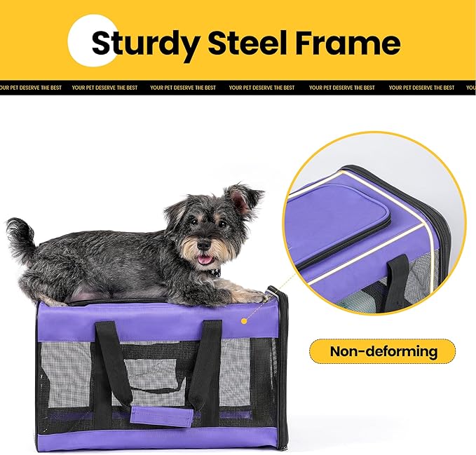 Dog Carrier Soft Sided, Large Cat Carrier with Inner Safety Leash, Pet Transport Carrier for Large Cats and Medium Dogs up to 20 Lbs, Collapsible Travel Puppy Carrier Bag -Purple L
