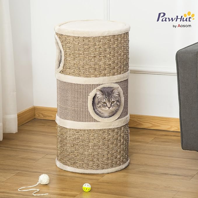 PawHut 28 Inch Cat Condo, 3 Story Cat Hideaway with Sisal Scratching Pad, Barrel Shaped Small Cat Tree for Indoor Cats, Khaki and Brown