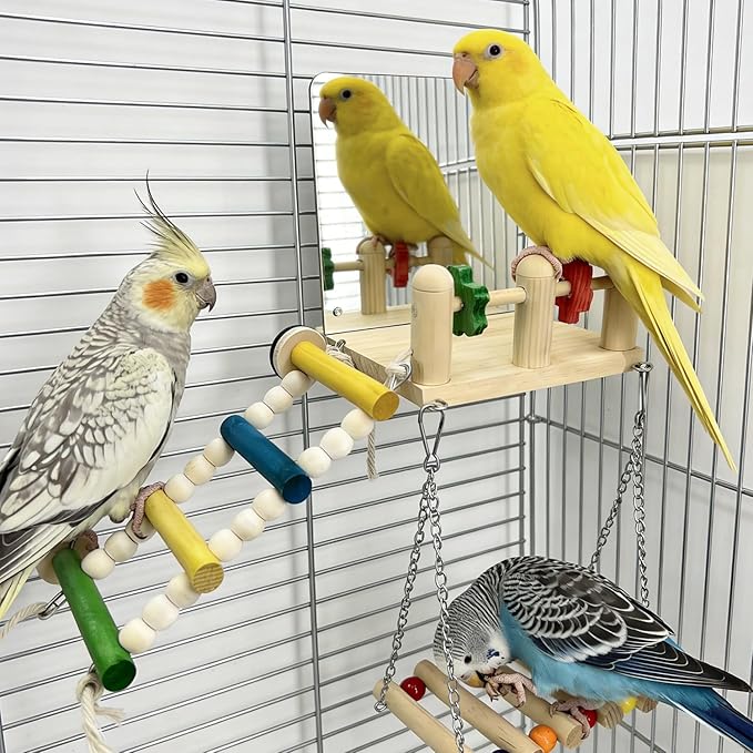 Bird Toys & Wooden Play Gym with Bird Mirror - Parakeet Toys & Cage Accessories for Cockatiels, Lovebirds, Budgies, Finch, Canaries