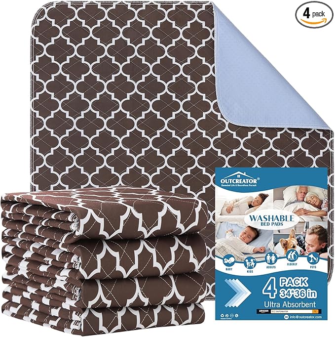 OUTCREATOR® Washable Bed Pads 34" x 36" (Pack of 4), Incontinence Mattress Protector, Anti-Slip Waterproof Underpads for Adults Kids Elderly Pets, Absorbency & Reusable Bedwetting Pads (Dark Brown)