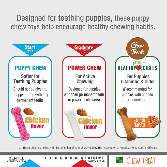 Nylabone Puppy Chew Toys & Natural Treat Triple Pack, Puppy Enrichment Teething Toys, Pink, Chicken & Bacon Flavor, Small Dogs - Up to 25 Ibs, 3 Pack