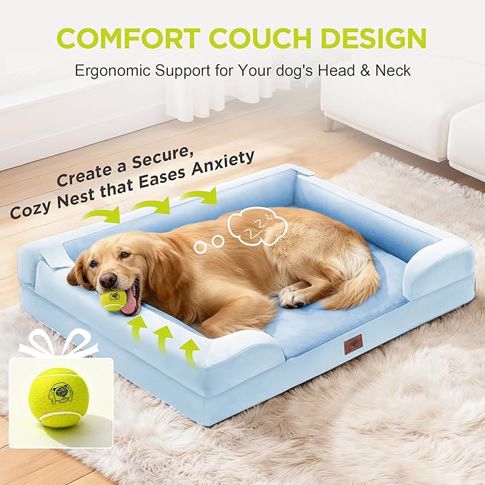 Orthopedic Dog Bed for Extra Large Dogs, XXL Waterproof Egg Crate Memory Foam Pet Bed Bolsters with Removable Washable Cover & Non-Slip Bottom, Tennis Ball Toy, 45x35