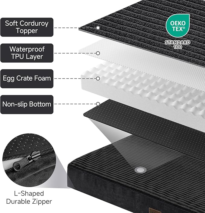 OhGeni Orthopedic Waterproof Top Surface & Machine Washable Dog Bed for Medium Large Pets, Cat Mat with 25D Egg Crate Foam, Non-Slip Bottom & Removable Cover, 36 Inches(Black)