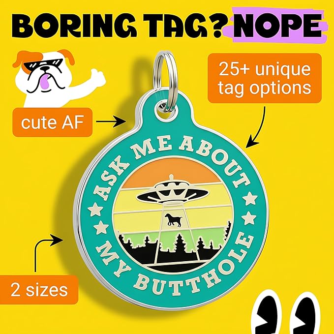 Bad Tags Personalized Dog and Cat ID Tags in 25+ Designs and 2 Sizes - 5 Lines of Custom Engraved Text - Funny Cute Personalized Pet Tags (Ask Me About My Butthole - Teal, Small (1 inch))