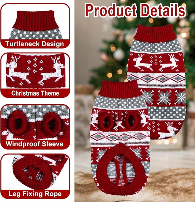 Dog Christmas Sweater Pet Winter Warm Coat Pajamas Small Dog Sweaters Reindeer Snowflake Christmas Sweater for Large Cats Small Dogs (Reindeer, XL)