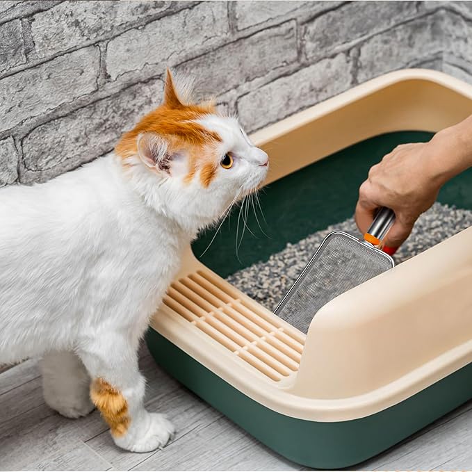 Cat Litter Scoop Stainless Steel Mesh Scooper with Long Handle, Deep Shovel Non-Stick Coated Metal for Box Kitten Pooper Lifter, Regular Scoop, Sifting Poop, Non-Slip Grip, Easy Clean, Hole: 2.8mm