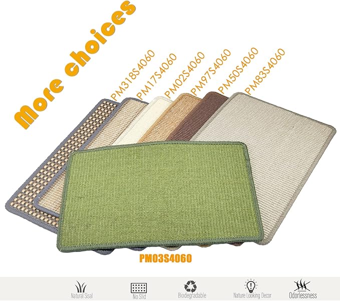 Cat Scratcher Mat, 23.6x15.7inch Natural Sisal Cat Scratchers for Indoor Cats with Velcro,Stick on Floor Cat Wall Scratcher,Horizontal Cat Scratch Mat Protect Furniture (Green Color)