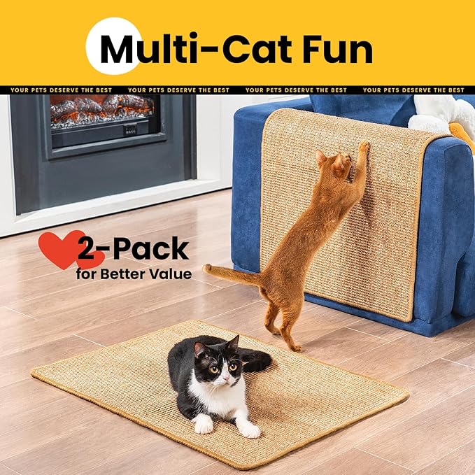 Cat Scratcher Mat,Sisal Cat Scratch Pad with Hook&Loop Tape,Wall Floor Kitten Scratching Pads Rug for Indoor,Furniture Protector for Couch&Carpets&Sofas,Kitty Bithday Gifts,Large,Brown,2 Pack
