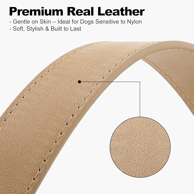 Plutus Pet Genuine Leather Dog Collar – Adjustable Pet Collar with Quick Release Metal Buckle, Soft Real Leather for Small Medium Large Dogs, Heavy Duty & Skin-Friendly (Beige, M)