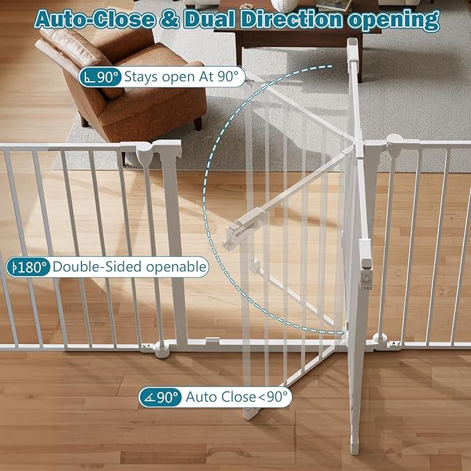 Mumeasy 80" Extra Wide Baby Gate for Doorways, Stairs & Fireplace, Auto Close Dog & Pet Gate with Walk Thru Door, 3 Metal Panels, Hardware Mounted Child Safety Fence for House, Indoor/Outdoor, White