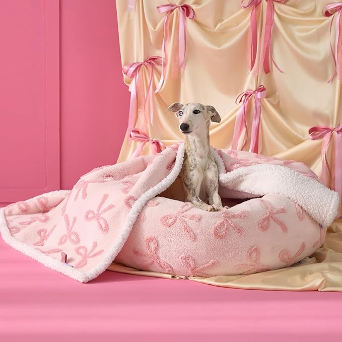 LE SURE Waterproof Puppy Blanket for Medium Dogs - Washable Double Sided Dog Blankets with Warm Jacquard Shag and Soft Sherpa Fleece, Pet Cat Blanket for Couch Protection, Bow Design，Pink Taffy