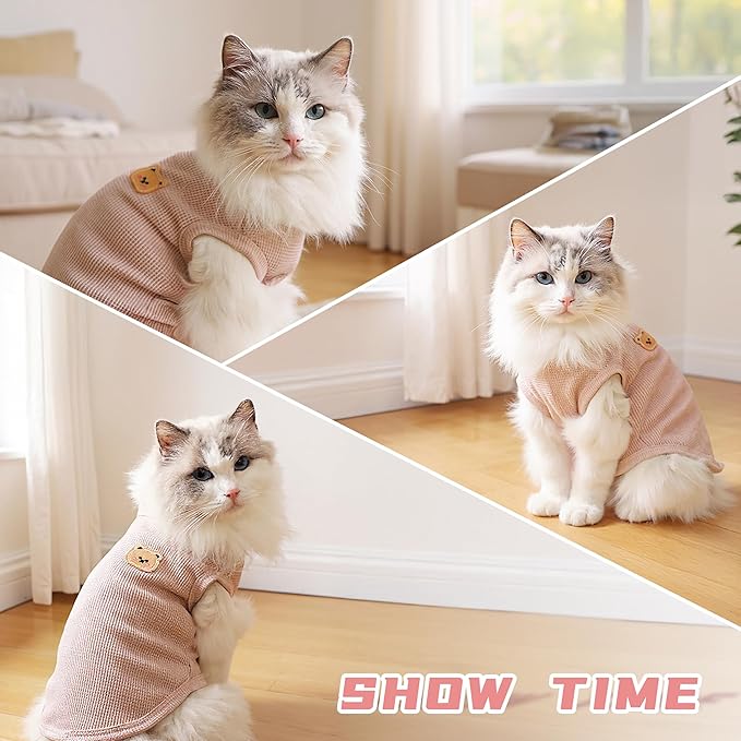Waffle Knit Cat & Dog T Shirt for Small Dogs, Stretchable Puppy Shirt for Sphynx Cats & Small Breeds, Pet Clothes | Breathable Summer/Winter Apparel for Newborn(Pink Large)