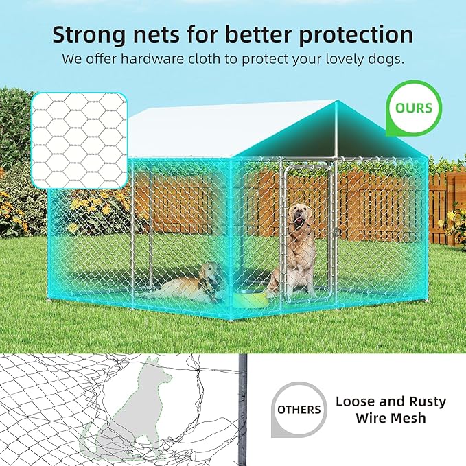 7.8'x7.8' Large Outdoor Dog Kennel, Heavy Duty Dog Enclosure with Roof, Weather Resistant Cover and Security Lock(93"x93")