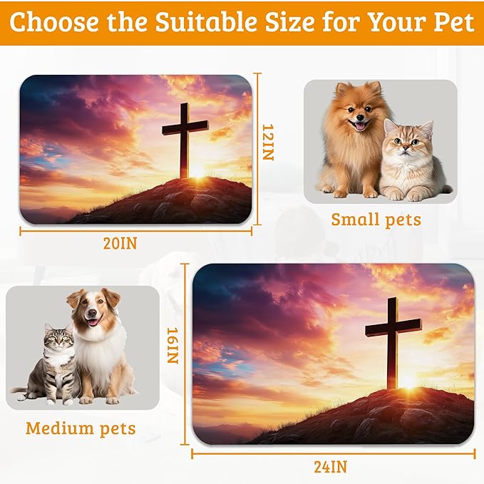 Pet Feeding Mat,Cross Absorbent Dog Cat Food Mat Sunset Dog Mat with Rubber Backing,Non-Slip Water Bowl Placemat,Pet Supplies 16" x 24"