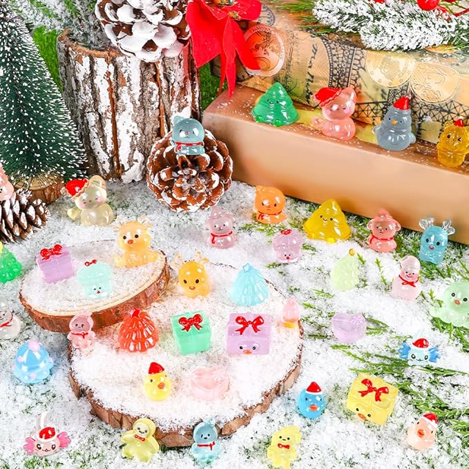 DIYDEC 40PCS Mini Christmas Luminous Figurines 40 Styles Christmas Resin Miniatures Glow in The Dark Tiny Figures to Hide Small Snowman Figures for Party Favors Bag Fillers Garden Dollhouse Decor