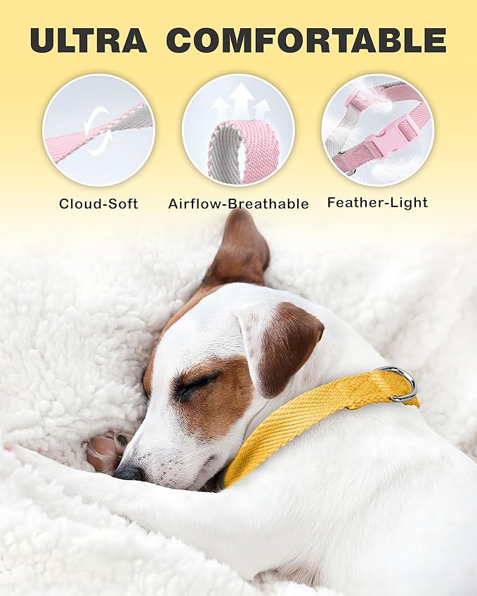 Dynmeow Soft and Breathable Cotton Dog Collar, Durable Adjustable Pet Collar with Quick-Release Buckle, Lightweight for Sensitive Skin for Small and Medium Dogs, Yellow, S