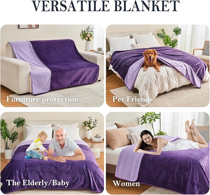 Waterproof Blanket 80"x90" for Adults, Reversible Waterproof Bed Cover for Dogs Cats Pets, Soft Leakproof Blanket for Bed Couch Sofa Furniture Protector, Dark Purple/Light Purple