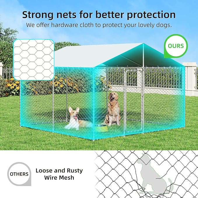 10x10 FT Outdoor Dog Kennel Outside with Metal Large Dog Gate, Outdoor Dog Pens with Roof, Heavy Duty Dog Kennel for Backyard Farm Use (124x124x87IN)