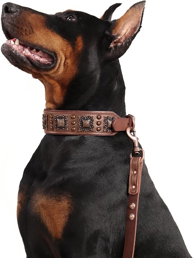 PET ARTIST Upgrade Padded Leather Dog Collar, 2 inch Wide Genuine Leather Dog Collars with Strong Studded Rivet & Metal Buckle, Adjustable Large Dog Collar for Pit Bull Doberman,Brown,Neck 19-22"