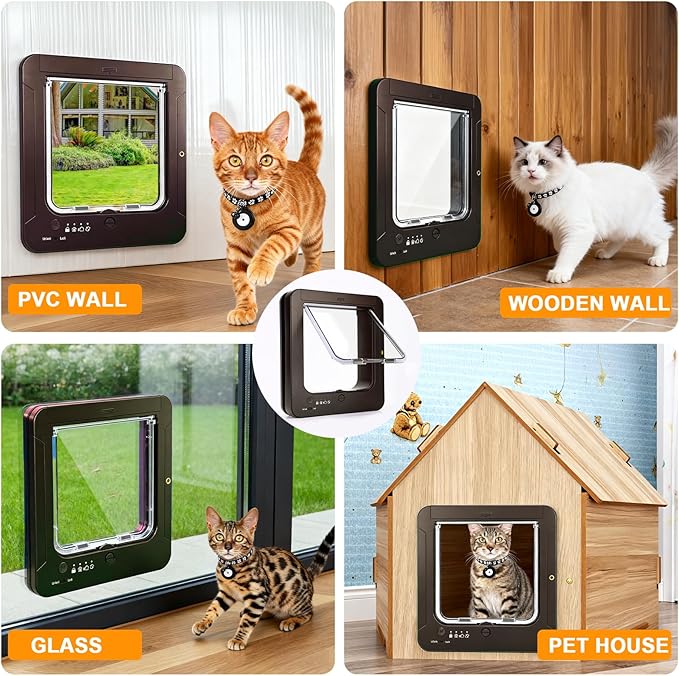 Smart Cat Door with 3 Collar Sensor, RFID Cat Door Collar Activated with Remote Control, 4 Way Locking Cat Flap Automatic Pet Door (Brown)