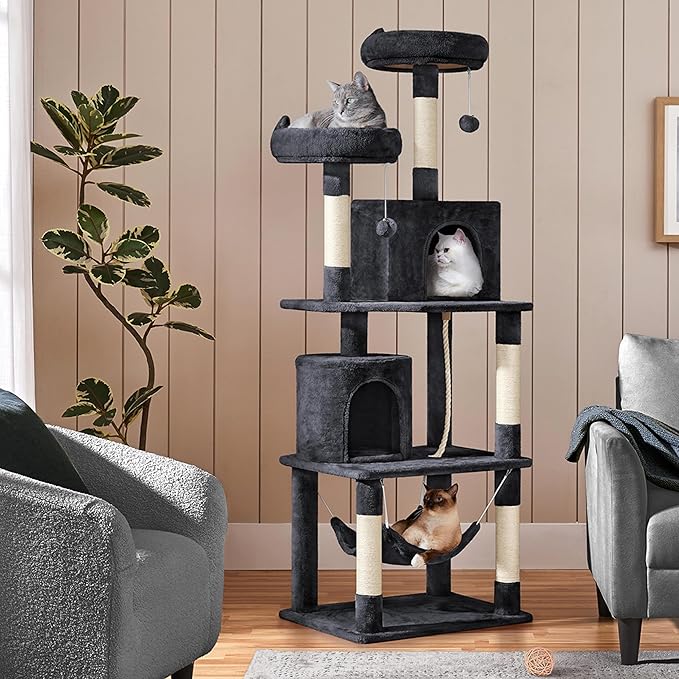 Yaheetech Cat Tree, 70.5in Climbing Tower for Indoor Cats, Multi-Level Kitten Condo with Scratching Post, Pet Activity Center w/Plush Perches & Hammock & Dangling Ball, Black