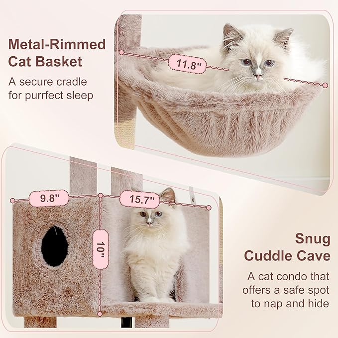Heybly Cat Tree, 45.3-Inch Cat Tower for Indoor Cats with Large Perch, All-in-One Cat Furniture with Cozy Bed, Hidden Space Cat Condo, Comfy Hammock, Scratching Posts & 3 Pompoms, Muchroom HCT202SMU