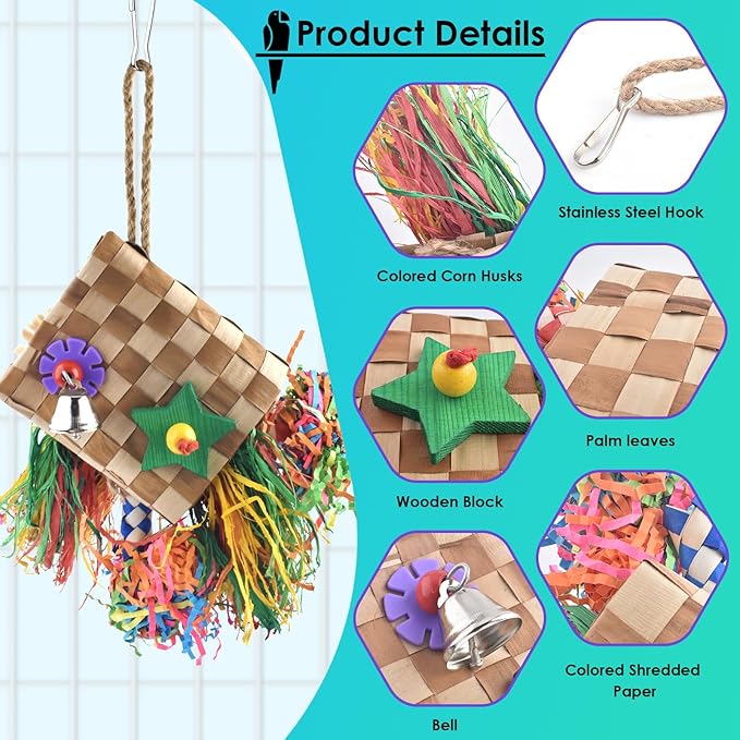 Bissap Bird Chew Toys, Parrot Foraging Shredder Natural Palm Frond Hanging Cage Toy for Conure Lovebird Budgie Cockatiel African Gray Cockatoos Amazon and Similar Sized Pet Birds - Flat Square