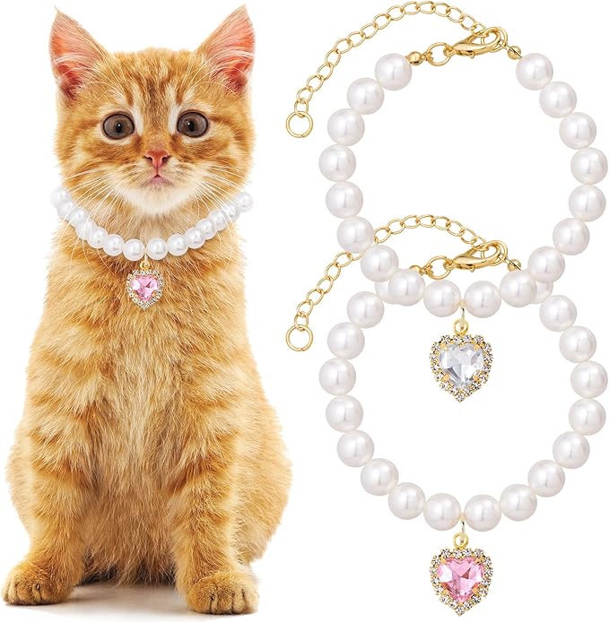 2pcs Cat Dog Pearl Collar, Small Heart Shape Rhinestone Pet Necklace, Adjustable Wedding Party Pet Jewelry Accessories for Puppy Small Cats- White & Pink