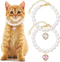 2pcs Cat Dog Pearl Collar, Small Heart Shape Rhinestone Pet Necklace, Adjustable Wedding Party Pet Jewelry Accessories for Puppy Small Cats- White & Pink