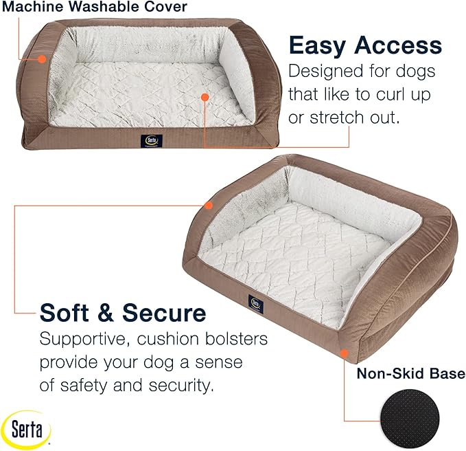 Serta Orthopedic Quilted Couch Dog Bed for Pets – Chocolate Brown (Large)