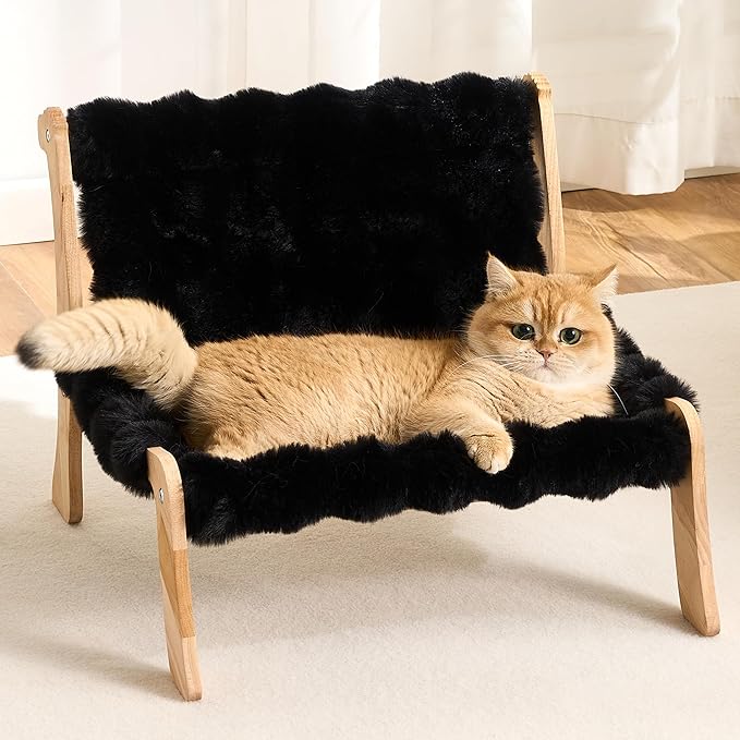 Solid Wood Cat Couch Bed for Indoor Cats, Modern Cat Sofa with Ultra-Soft Plush Surface Washable, Reclined Backrest, Elevated Elevated Cat Lounge Furniture for Small to Adult Pets, Sheen Black