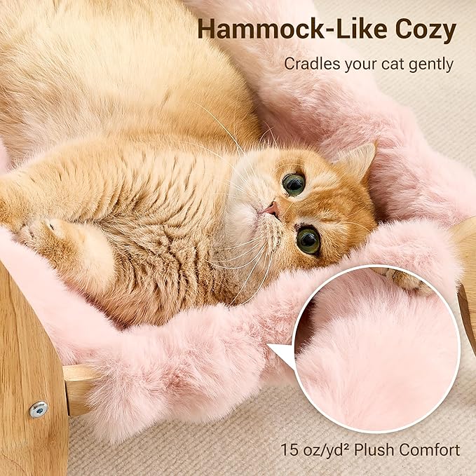 Solid Wood Cat Couch Bed for Indoor Cats, Modern Cat Sofa with Ultra-Soft Plush Surface Washable, Reclined Backrest, Elevated Elevated Cat Lounge Furniture for Small to Adult Pets, Sakura Pink