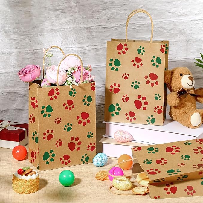 Blulu 20 Pcs Puppy Dog Paw Gift Bags with Paper Twist Handles, Dog Gift Paper Paw Treat Goodie Bags for PET Treat Party Favor, 6.3 x 3.1 x 8.6 Inch (Kraft Backing, Red Green Paws)