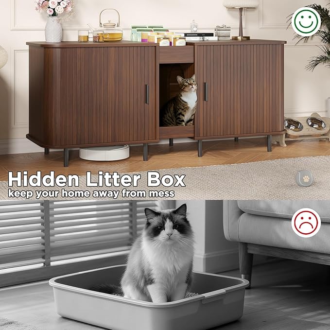 Double Litter Box Enclosure for 2 Cats, 55" Litter Box Furniture Hidden with Cat Scratch Pad, Large Indoor Cat House with Double Room, Wooden Litter Box Cabinet, TV Stand, Walnut