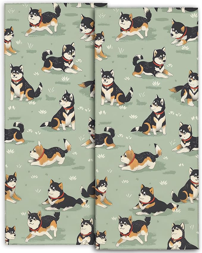 Cute Shiba Inu Hand Towels - 2 Pack, 14.5" X 28",Soft Microfiber Polyester Cartoon Towel Set with Dog-Lover,for Fun Bathroom Kitchen Spa Hotel Decor Gifts Women Girls