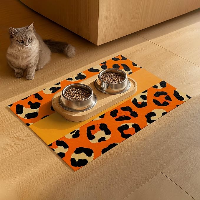 Puppy Feeding Mat 24x16 inch Orange Leopard Print Pet Bowl Placemat Non Slip Floor Mat for Food and Water Indoor Dog Feeding Station Cute Meal Pad for Small Pets Kitchen Use