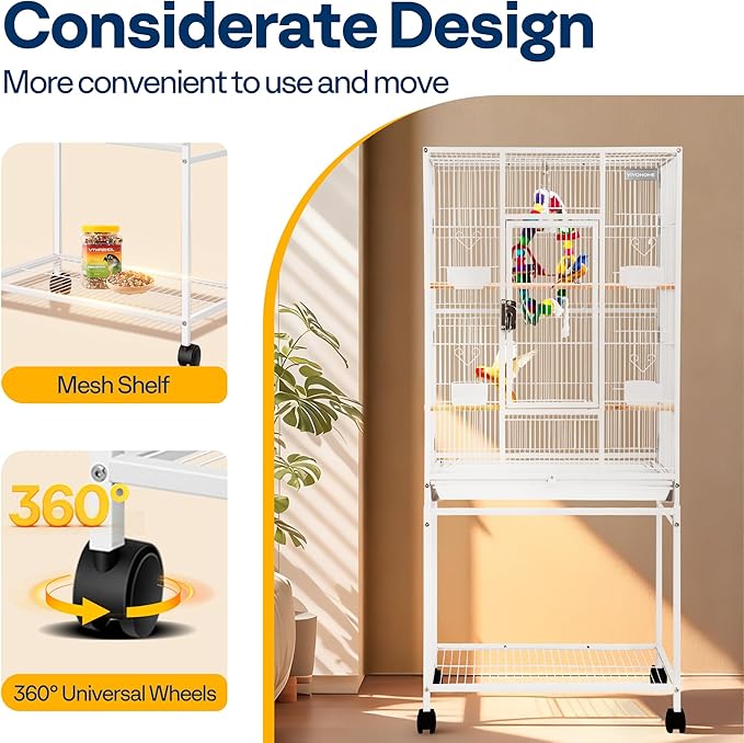 VIVOHOME 54 Inch Wrought Iron Large Bird Flight Cage with Rolling Stand for Parakeets Canaries Cockatiels Lovebirds Conures, White