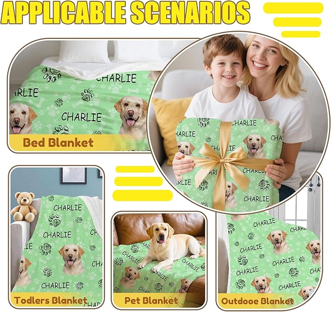 Personalized Paw Print Dog Blanket with Pet Name Face-Custom Puppy Blankets with Picture for Dogs-Customized Dog Memorial Throw Fleece Blanket-Loss of Pets Supplies Sympathy Gift for Bed Sofa Travel