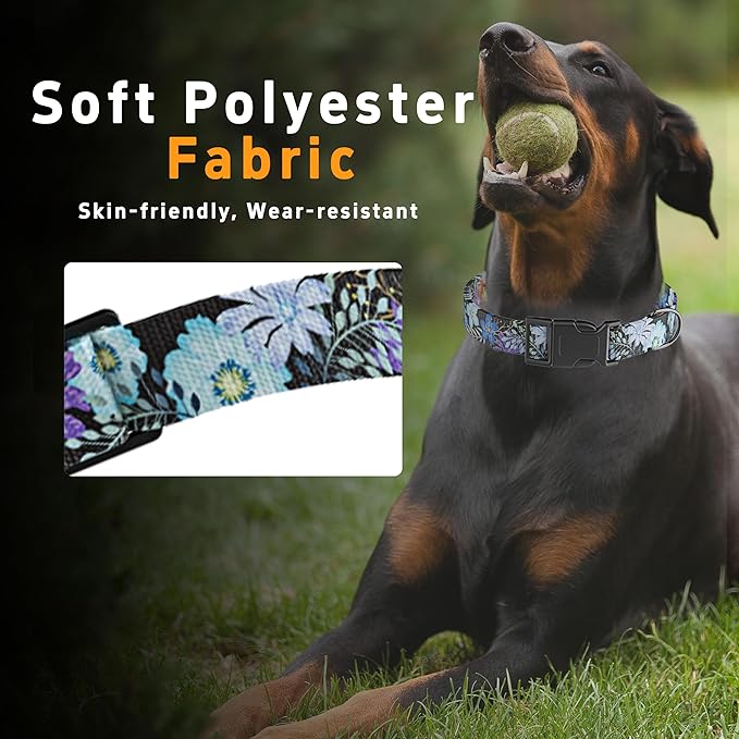 Dog Collar for Boys & Girls, Puppy Collar for Small to Large Dogs, Adjustable Soft Pet Collar with Safety Buckle - Purple Floral Pattern, XL