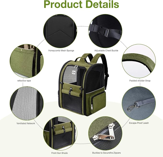 Lekebobor Large Cat Backpack Carrier Expandable Pet Carrier Backpack for Small Dogs Medium Cats Fit Up to 18 Lbs, Dog Backpack Carrier, Foldable Puppy Backpack Carrier for Travel, Hiking,Dark Green