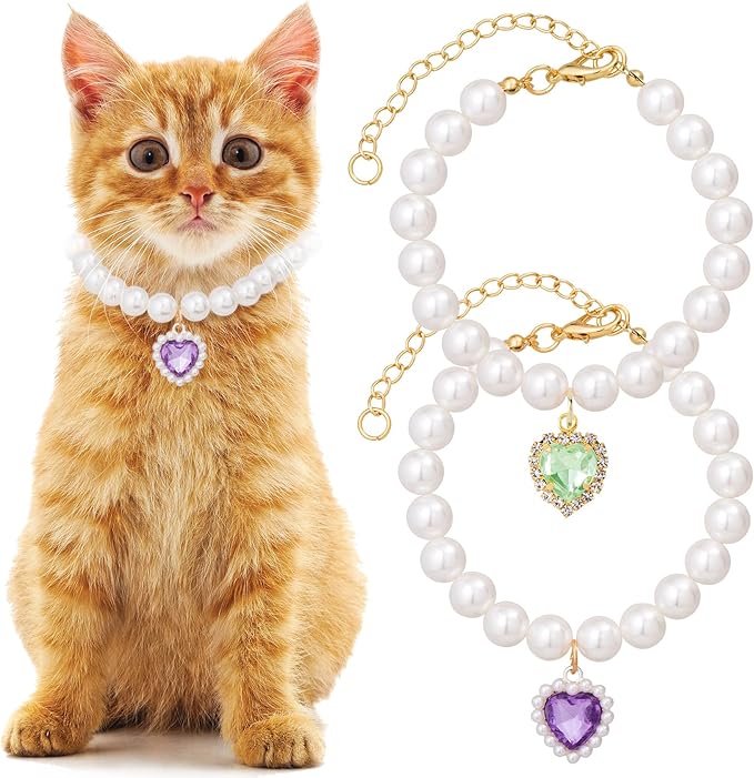 2pcs Cat Pearl Collar with Heart Pendant, Cute Pearl Pet Necklace in Small, Adjustable Wedding Party Small Dog Jewelry Accessories for Puppy Kitten- Green & Purple